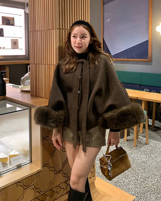 Tie cape fur jacket