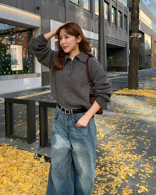 Slit denim wide-leg pants