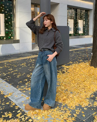 Button-collar long-sleeved knit