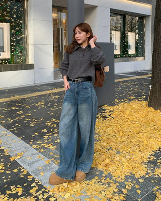 Slit denim wide-leg pants