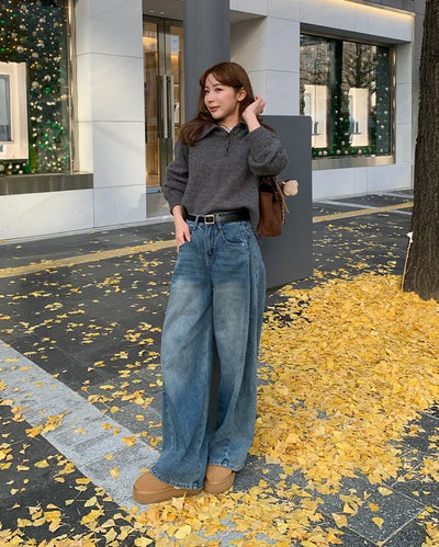 Slit denim wide-leg pants