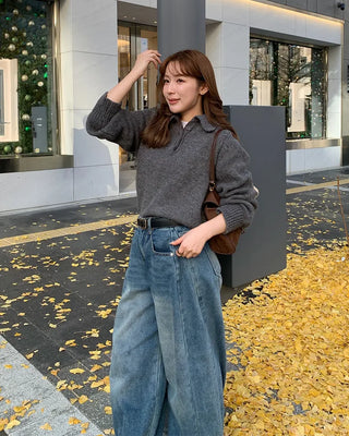 Button-collar long-sleeved knit