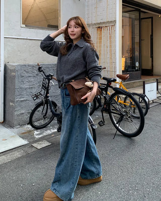 Slit denim wide-leg pants