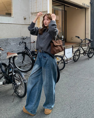 Slit denim wide-leg pants