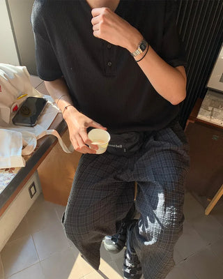 Waffle Henley Neck Short-Sleeve Knit