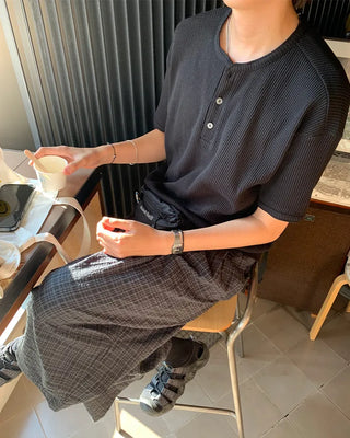 Waffle Henley Neck Short-Sleeve Knit