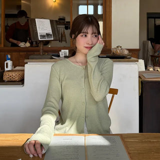 Ribbed Round Neck Slim Cardigan