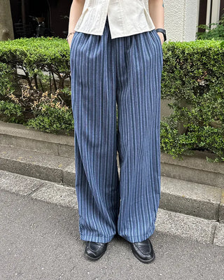 Striped linen elastic waist pants