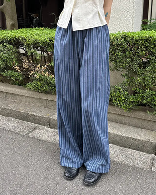 Striped linen elastic waist pants