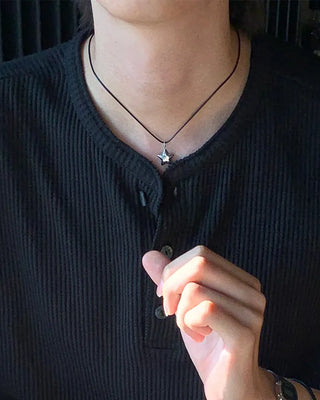 Silver Star Black Strap Necklace