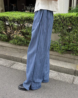 Striped linen elastic waist pants