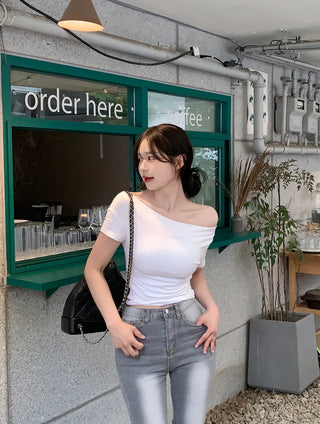 [5 colors] Shirred Off Short Sleeve T-Shirt