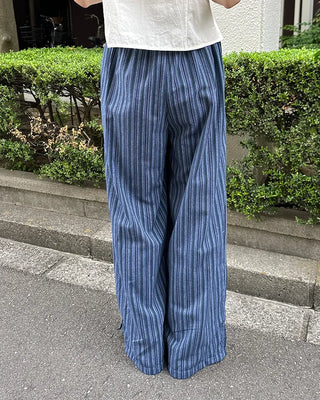 Striped linen elastic waist pants