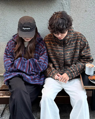 (Unisex) Ethnic Fleece Hooded Jacket with Drawstring