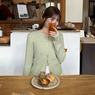 Ribbed Round Neck Slim Cardigan