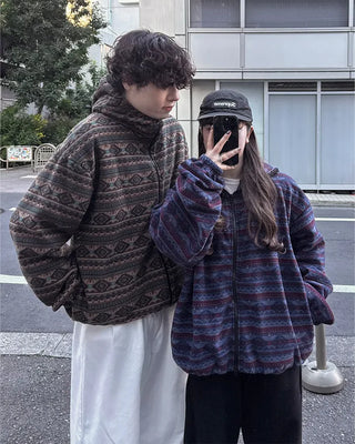 (Unisex) Ethnic Fleece Hooded Jacket with Drawstring