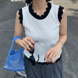 Two-tone perforated sleeveless knit