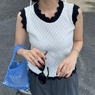 Two-tone perforated sleeveless knit
