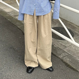 Cotton wide-leg long pants with elastic waistband