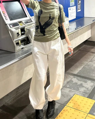 Button-back cinch wide cotton pants