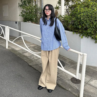 Cotton wide-leg long pants with elastic waistband
