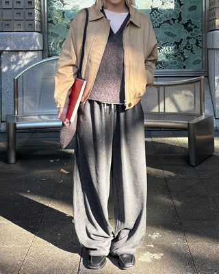 Rib-knit wide-leg easy pants