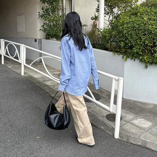 Cotton wide-leg long pants with elastic waistband