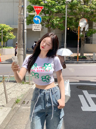 Flower print string cropped t-shirt (4 colors)