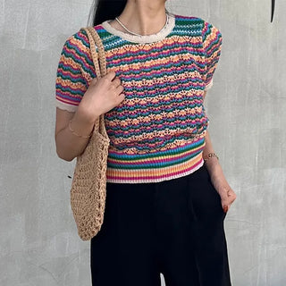 Rainbow striped short-sleeved knit