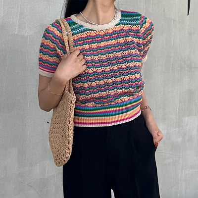 Rainbow striped short-sleeved knit