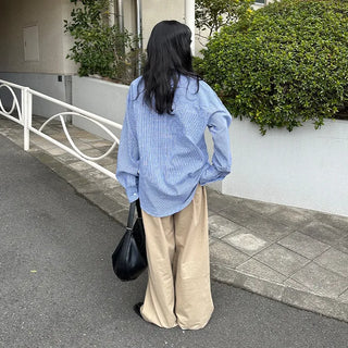 Cotton wide-leg long pants with elastic waistband