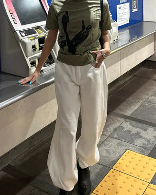 Button-back cinch wide cotton pants