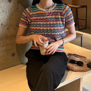 Rainbow striped short-sleeved knit