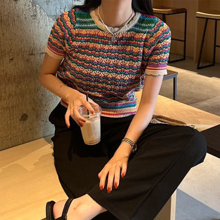 Rainbow striped short-sleeved knit