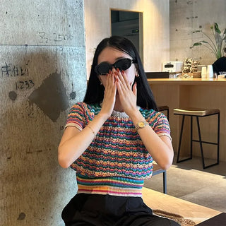 Rainbow striped short-sleeved knit