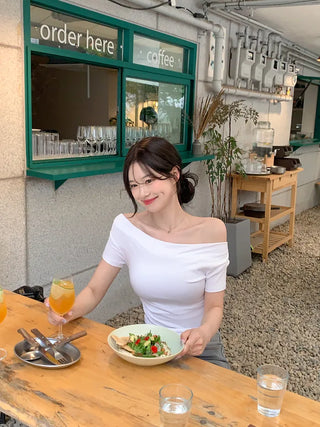 [5 colors] Shirred Off Short Sleeve T-Shirt