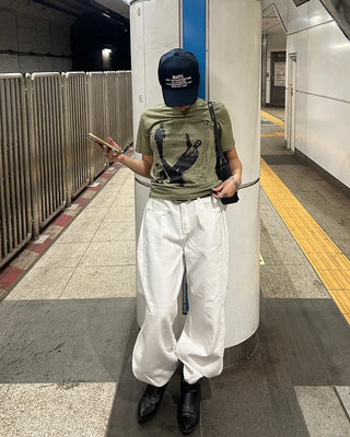 Button-back cinch wide cotton pants