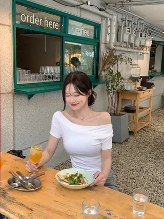 [5 colors] Shirred Off Short Sleeve T-Shirt