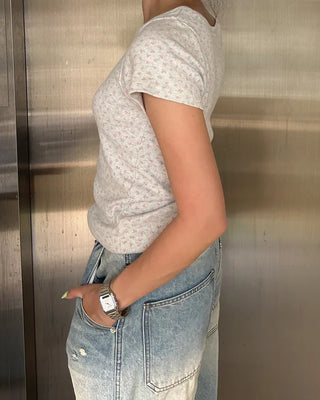 Boat neck floral pointe short T-shirt