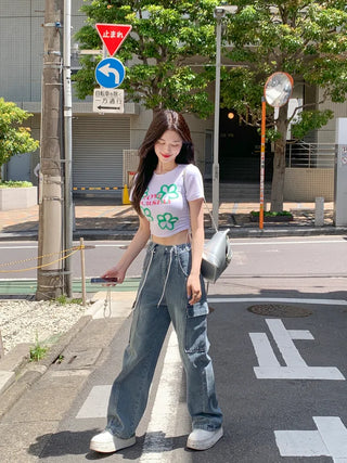 Flower print string cropped t-shirt (4 colors)