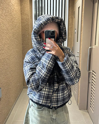Tartan check hooded short down jacket