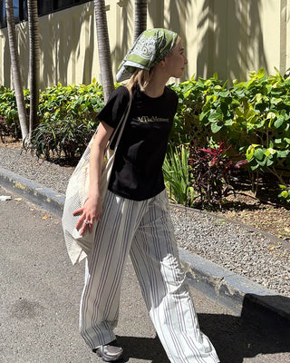 Elastic waist triple stripe cotton pants