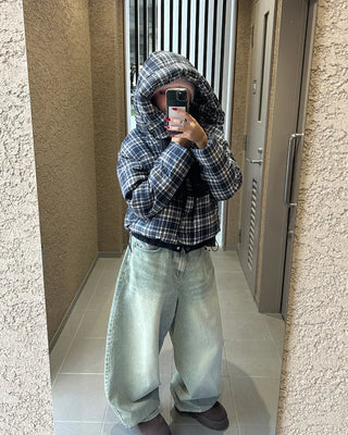 Tartan check hooded short down jacket