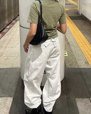 Button-back cinch wide cotton pants