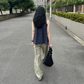 Checked shirred sleeveless blouse