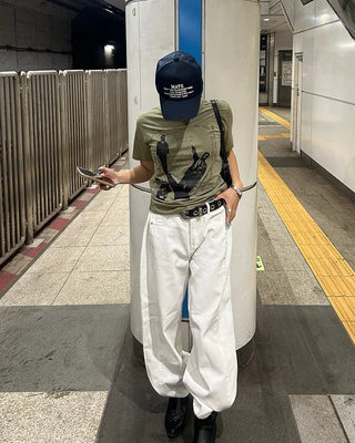 Button-back cinch wide cotton pants