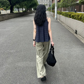 Checked shirred sleeveless blouse