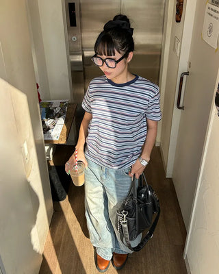 Mixed Border Semi-Cropped Half T-Shirt