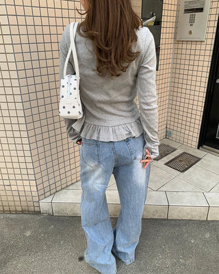 Henley neck frill long-sleeved T-shirt