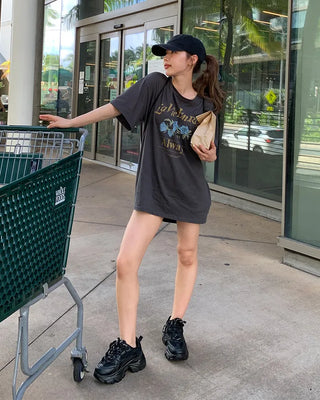 Pigmented floral print loose half-length T-shirt